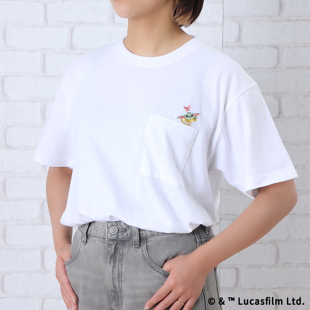 STAR WARS GROGU CUTEST IN THE GALAXY 刺繍ポケットTシャツ 蝶々