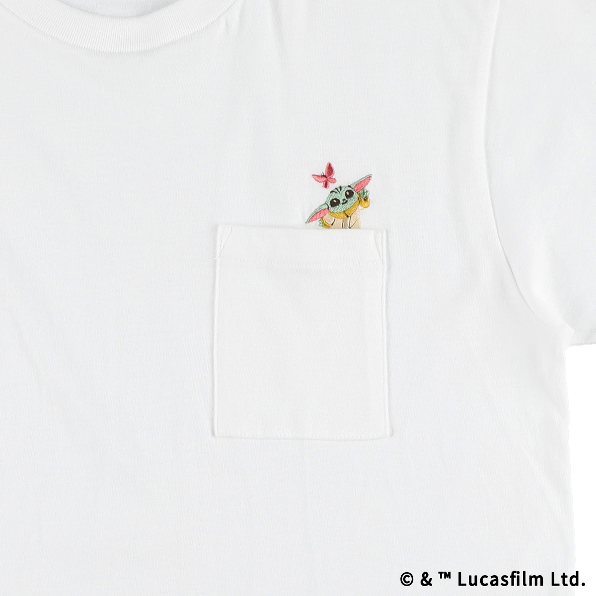 STAR WARS GROGU CUTEST IN THE GALAXY 刺繍ポケットTシャツ 蝶々